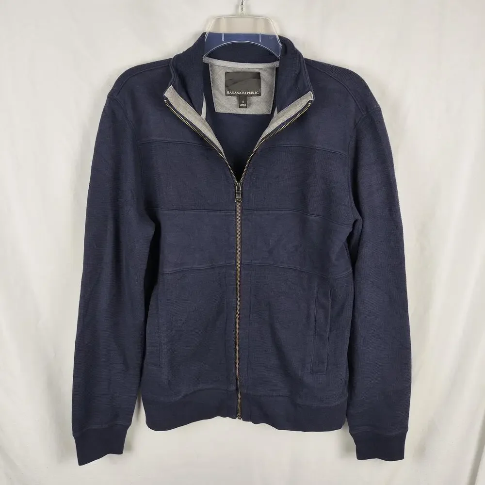Banana Republic Sweater Mens Small Blue Full Zip Mock Neck Knit Pockets Casual